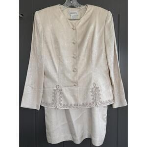 Adrianna Papell 100% Silk 2Pc Skirt Suit 12 Champagne MOB Wedding Church Formal